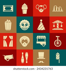 Set Firework rocket, Unicycle one wheel bicycle, Attraction carousel, Monkey, Clown head, Popcorn in box, Circus ticket and Party hat icon. Vector