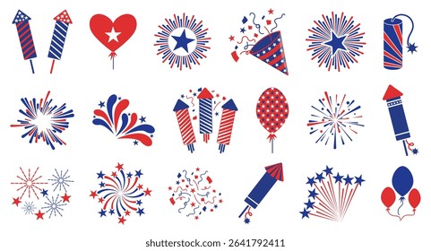 Set of firework rockets 4th july in a flat design