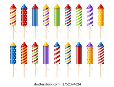 Set of firework rockets isolated on white background for party design