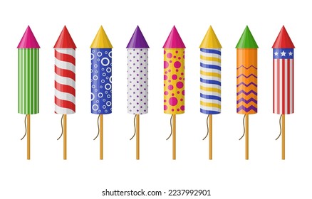 Conjunto de cohetes de fuegos artificiales aislados sobre fondo blanco. Colección de petardos para la fiesta. Conjunto de iconos pirotécnicos coloridos. Ilustración del vector