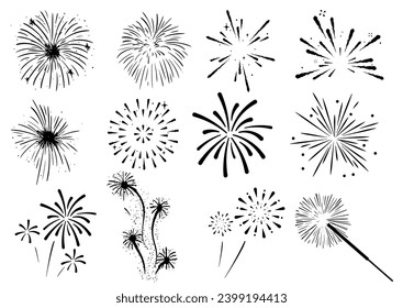 set of Firework simple black line icons isolated on white background