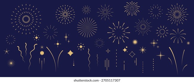conjunto de fogo de artifício e ícone de estrela para festa feliz ano novo