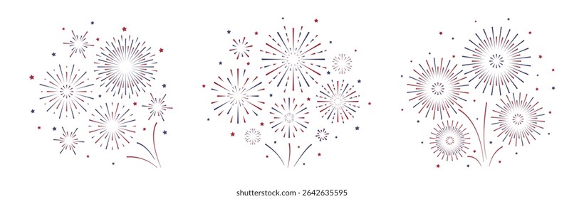 Set of Firework with stars and sparks. Vector decoration in Usa, Czech, Russia French flag color, Labor or Memorial day. Bursting light, pyrotechnic. 4th July, Independence day party celebration.