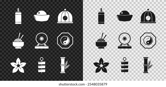 Set Firework, Sushi, Chinese hat, Lotus flower, Bamboo, Asian noodles bowl and Gong icon. Vector