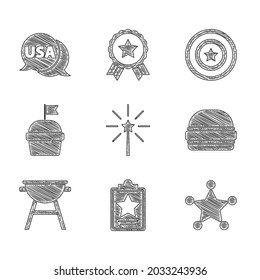 Set Firework, USA Independence day, Hexagram sheriff, Burger, Barbecue grill, Cake, American star shield and label icon. Vector