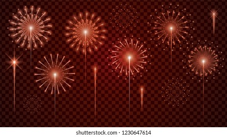 Set of firework Vector realistic with colorful on transparent background. Illustration Design. full color festive illustration