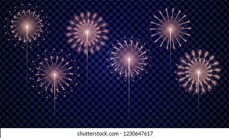 Set of firework Vector realistic with colorful on transparent background. Illustration Design. full color festive illustration