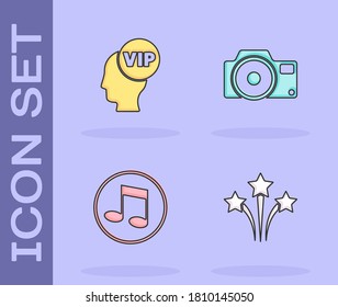 Set Firework, Vip inside head, Music note, tone and Photo camera icon. Vector