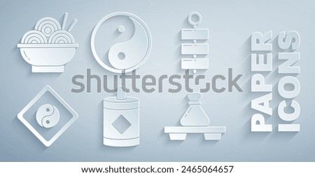 Set Firework, Yin Yang, Dumpling on cutting board,  and Asian noodles bowl icon. Vector