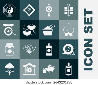 Set Firework, Yin Yang symbol, Peach fruit nectarine, Chinese paper lantern, fortune cookie, Gong musical instrument,  and ice bowl with chopstick icon. Vector
