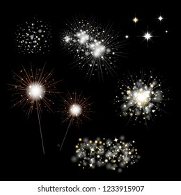 Conjunto De Fuegos Artificiales Y Luz Bengalí Con Malla De Gradiente, Ilustración Vectorial