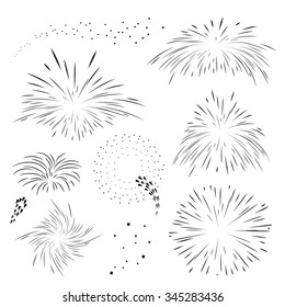 Set fireworks in black outline. Explosion templates for holiday in vector