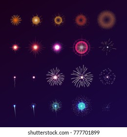Set of fireworks bursting in sky. Collection of festive bright colored flashing lights. Bundle of celebratory design elements isolated on dark background. Colorful vector illustration for animation.