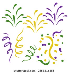 set of fireworks and candies in Mardi Gras colors, bright simple elements for the design of festive printed products vector illustration