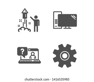 Set of Fireworks, Computer and Faq icons. Service sign. Party pyrotechnic, Pc component, Web support. Cogwheel gear.  Classic design fireworks icon. Flat design. Vector