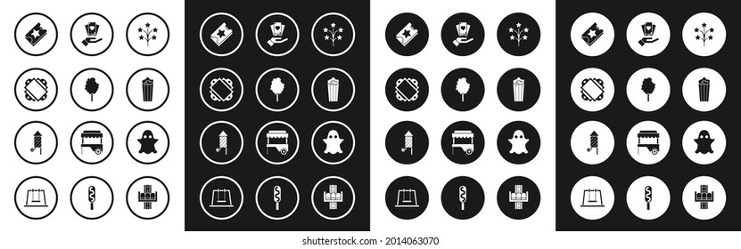 Set Fireworks, Cotton candy, Ticket, Popcorn in cardboard box, Hand holding playing cards, Ghost and rocket icon. Vector