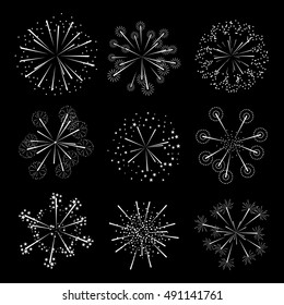 Set of fireworks design elements. Festive vector element for design and icons for badges, logos, labels, websites. Isolated on black.