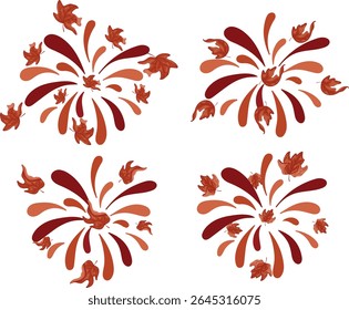 set of fireworks in different shades of orange with different maple leaves, for Canada Day