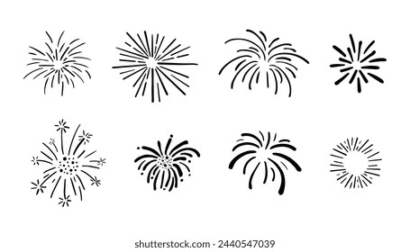 Set fireworks doodle line explosion radial sparkler with rays, hand drawn firecrackers simple and round decoration isolated on white background.