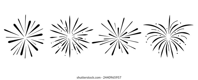 Set fireworks doodle line explosion radial sparkler with rays, hand drawn firecrackers simple and round decoration isolated on white background.