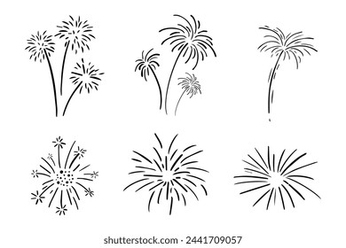 Conjunto de fuegos artificiales línea doodle explosión radial brillante con rayos, petardos dibujados a mano decoración simple y redonda aislado sobre fondo blanco.