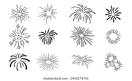 Set fireworks doodle line explosion radial sparkler with rays, hand drawn firecrackers simple and round decoration isolated on white background.