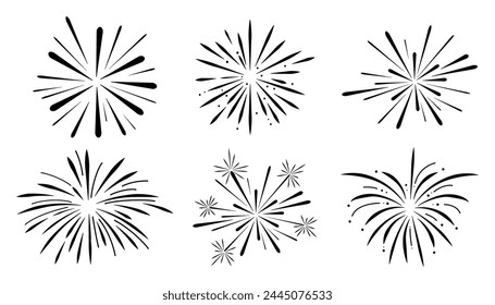 Conjunto de fuegos artificiales línea doodle explosión radial brillante con rayos, petardos dibujados a mano decoración simple y redonda aislado sobre fondo blanco.