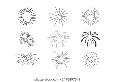 Set fireworks doodle line explosion radial sparkler with rays, hand drawn firecrackers simple and round decoration isolated on white background.