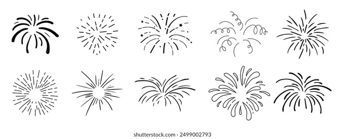 Set fireworks doodle line explosion radial sparkler with rays, hand drawn firecrackers simple and round decoration isolated on white background.