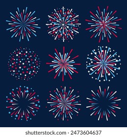 Set of fireworks elements on night background for Independence day holiday design