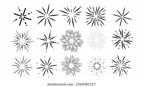 Set of fireworks explosions, black and white vector illustration isolated