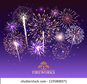 Set of fireworks, festive banner, invitation to a holiday. Vector illustration