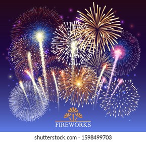 Set of fireworks, festive banner, invitation to a holiday. Vector illustration