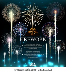 Set of fireworks, festive banner, invitation to a holiday. Vector illustration