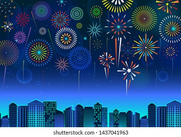 set of fireworks festive display over the city scape, at night blue sky scene holiday or celebration 