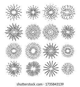 Set of fireworks hand drawing on a white background. Vector illustration.