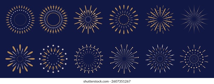 Set of fireworks icon vector isolated on dark blue background