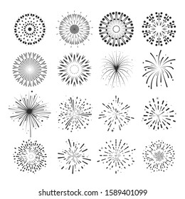 Set of fireworks icons. Holiday, festival, party. Celebrating New Year. Bright flashes. The explosion of Petard. Vector.