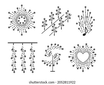 Set of fireworks icons. Various types of fireworks with stars, sparkles. Burst, firefall, heart shaped, music firework, fountain, catherine wheel, pinwheel, spinner firework. Linear vector icons.