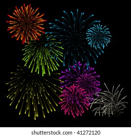Set of fireworks illustrations on black background