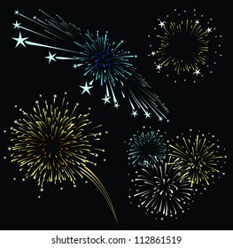 set of fireworks isolated on black background, vector format very easy to edit, solid colors without gradients