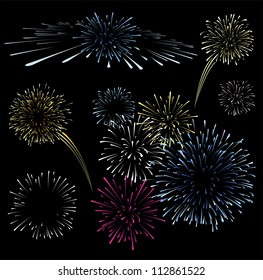 set of fireworks isolated on black background, vector format very easy to edit, solid colors without gradients