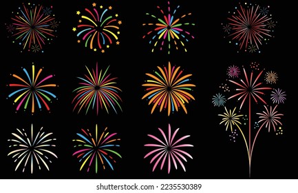 set of fireworks isolated on white background