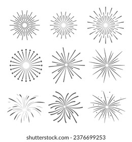 Set of fireworks isolated on a white background. Firework simple black line. Vector illustration object.