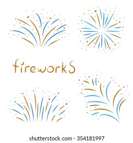 Set of fireworks isolated on white background. Hand drawn vector illustration. 