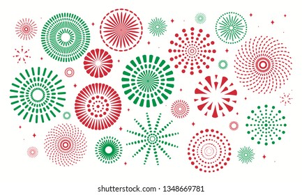 Set of fireworks for Italian Republic in Italy flag colors, green, red. Isolated objects on white background. Vector illustration. Design element for poster, banner, greeting card.