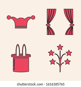 Set Fireworks, Jester hat with bells, Curtain and Magician hat and rabbit ears icon. Vector