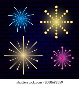 Juego de fuegos artificiales, efecto neón en una pared de ladrillo oscuro. Ilustración vectorial, diseño de color de dibujos animados planos, eps 10.