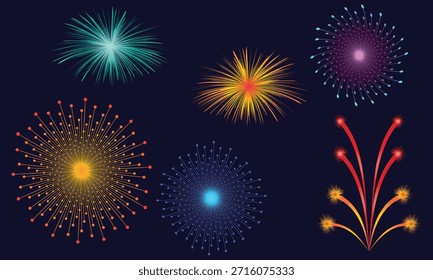 Conjunto de fuegos artificiales en la Ilustración vectorial del cielo nocturno