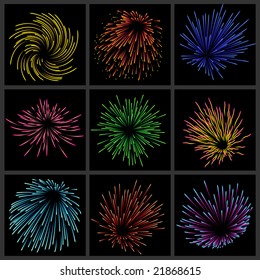 Set of fireworks on black bacground. All elements are separate objects and grouped.No transparency.